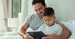 Father, boy and child with tablet in bedroom for online games, reading ebook story and educational media. Man, dad and happy kid streaming cartoon, movies and digital technology in morning at home

