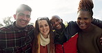 Group, couple of friends and faces laughing outdoor for fun, quality time or relax together. Portrait of happy men, women and diversity of people hug for support, freedom or funny double date at park