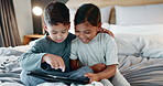 Children, scroll and tablet with happiness in bedroom for fun or video in home to relax. Kids, together and reading with smile or tech for development or streaming with internet for gaming on web.