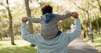 Nature, bonding and father with his kid on his shoulder in an outdoor park for fresh air. Talking, walking and back of young man carrying his boy child by the trees in a green garden on weekend trip.