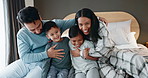 Portrait, happiness and children with family in bedroom for bonding with children in home. Kids, happy and face with hug in morning with care or laughing for fun or  quality time in house together.