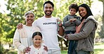 Nature, happy and face of a big family in a park while on an outdoor walk on a weekend trip. Happiness, smile and portrait of young parents with their children and senior mother in a green garden.