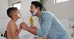 Dad teaching, boy with shaving cream and morning skincare in family bathroom and support, love and care. Helping, grooming beard and happy child and parent relax or play with foam together at home