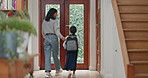 Mother, kid and ready for school in hallway or morning with routine to travel with backpack. Mom, helping and girl student with leaving home for education at front door with uniform or preparation.