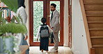 Children, goodbye and parents with a girl leaving her home, back to school as a student in the morning. Kids, wave or education and a young female child pupil and dad walking out the door of a house