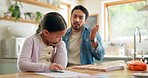 Angry dad with crying child, homework and scolding in kitchen, helping to study with conflict. Learning, teaching and frustrated father with sad daughter for discipline, education and problem in home