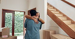 Couple, hug and celebration of new home, moving together and success of real estate investment. Happy man, woman and embrace to celebrate dream of house building, property finance and mortgage loan