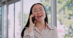 Woman, phone call and communication, smile and talking with networking or casual chat while at the office. Asian female professional, happy and b2b with contact and news about career opportunity