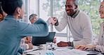 Handshake, applause and business people in meeting in office for thank you, agreement and onboarding. Corporate, teamwork and happy men and women shaking hands for welcome, support and collaboration