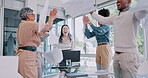 Business people throw papers in meeting success, winning or celebration of news, goals with high five and applause. Winner team, diversity women and men, wow and documents in air for profit or bonus