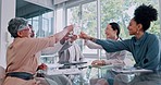 Champagne, cheers and business people in celebration in the office boardroom for success. Goals, achievement and team of creative designers with wine to celebrate a collaboration in the workplace.