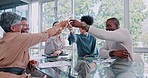 Wine, cheers and group of business people in celebration in a office boardroom for success. Goals, diversity and team with champagne for toast to celebrate collaboration and achievement in workplace.