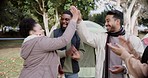 Happy, applause and friends with a high five while camping for win, team building or support in nature. Smile, diversity and men and women clapping with a gesture for motivation in the forest