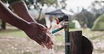 Washing hands, tap and water for camping, outdoor and hygiene in nature, woods or forrest for safety. Faucet, cleaning palm and bacteria for wellness, skincare and splash on holiday in countryside