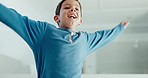 Child, boy and happy jumping in bedroom, playing games with crazy energy and excited for freedom. Face, active young kid and bounce in air on furniture in house for movement, celebration and at home