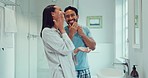 Couple, bathroom and cleaning face for skincare, routine and comic joke with cream, serum and product. Man, woman and funny with facial oil moisturiser for health, wellness and self care in apartment