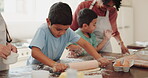 Grandmother teaching, kids or mom baking in kitchen as a family with support for cooking recipe. Cake, child development or senior grandma helping boys or children siblings with rolling pin at home 