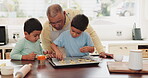 Grandfather, learning or children baking in kitchen as a happy family with siblings learning cooking recipe. Cookies, child development or elderly grandparent teaching kids or helping with biscuits