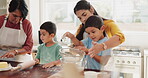 Grandmother, mom or kids baking cake in kitchen as a happy family learning cooking recipe at home. Support, child development or senior grandma helping or teaching kids with teamwork for cookies 