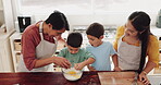 Grandma, eggs or children baking with mom in kitchen learning cooking recipe in family home. Siblings, development or proud grandmother helping or teaching children with flour bowl for cookies pastry