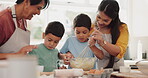 Grandma, happy family or kids baking with mother in kitchen learning cooking recipe at home for development. Smile, teamwork or grandmother helping or teaching children mixing flour bowl for cookies