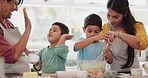 Grandma, high five or happy kids baking with mother in kitchen learning cooking in family home. Teamwork success, celebrate goals or proud grandparent helping or teaching children mixing flour bowl