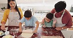 Baking, family and dough roll with kids and parents cooking cookies at home with food. Support, care and children with mom and dad together with teaching and helping in a house with support and smile