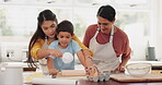 Child, learning and cooking with mother and grandma in kitchen with roller for flour dough. Kid, education and baking with mom and grandmother teaching boy, bonding and happy family together in home.