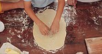 Dough, kitchen and closeup of family baking cookies for sweet treats, dessert or snack at home. Equipment, ingredients and top view zoom of a child cooking with pastry with his parents at their house