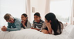 Happy family, bed and kids playing in a bedroom with mother and father as bonding with happiness together. Parents, jumping and children with love or care for mom and dad in the morning at home