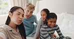 Funny face, selfie and family in home bedroom, bonding and laugh together. Profile picture, happy and parents with kids, interracial mother and dad with photo portrait for social media after adoption