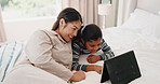 Relax, tablet and mother with daughter in bedroom for streaming, website and social media. Happy, elearning and technology with woman and child in family home for games, internet and communication =