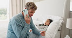 Bedroom phone call, father and child sick from flu virus, cold or infection with dad conversation, consulting and ask for advice. Home bed, smartphone talk and papa consultation for ill kid support