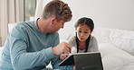 Relax, tablet and father with daughter in bedroom for streaming, website and social media. Happy, elearning and technology with man and child in family home for games, internet and communication