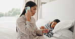 Bedroom phone call, mother and kid sick from flu virus, cold or infection with worried mom contact, discussion or consultation. Home bed, thermometer reading or mama talk on mobile for ill child help