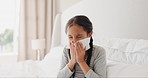 Bedroom tissue, sneeze and child sick from flu virus, sinus cold or infection with father support, help and care. Home bed, covid risk and dad with kid ill from medical problem, allergy and blow nose