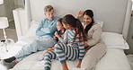 Relax, happy and morning with family in bedroom for wake up, support and playful. Happiness, peace and love with parents and children in bed at home for free time, conversation and bonding