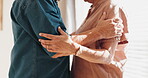 Hands, home and elderly couple slow dancing, wellness and enjoy retirement, quality time or connect in Spain. Lounge music, romantic bond and body of senior partner, old man or people with love song