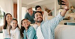 Big family, kids and selfie on sofa in home living room with grandparents, mom and dad with smile together. Men, women and children in house with love, care and bonding for social media photography