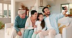 Father, daughter and grandparents in selfie, sofa or funny face in home living room, love and memory together. Men, woman and girl in family house, comic joke or care for bonding on social media app