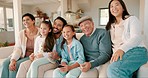 Happy, relax and big family watching tv on a sofa, bonding and having fun in their home together. Love, television and children with parents and grandparents in a living room for movie, film or chill