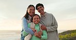 Senior grandma, mother and girl at beach, smile and hug with love, generations and face on vacation. Happy family, grandmother and daughter with kid for care, bonding or holiday by ocean in Indonesia