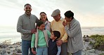 Nature, love or big family laughing, happy and smile for winter holiday, beach joke or comedy from young kids. Portrait, happiness and relax children, parents and grandparents bonding on morning trip