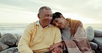 Senior couple, love and talking at the beach with care, commitment and adventure outdoor. Elderly man and woman in retirement with freedom, peace and wellness on holiday, travel or sunset vacation