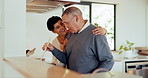 Food, smile and a senior couple in the kitchen together, bonding while in their home to prepare a meal. Love, cooking or dinner with a happy old man and woman getting cuisine ready for nutrition