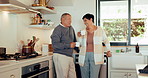 Old couple, talking in kitchen with coffee and communication, bonding with love and happiness in retirement. Pension, marriage and life partner, man and woman at home, conversation and routine