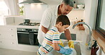 Teaching, father or kid washing dishes with support for housekeeping in a kitchen sink in family home. Teamwork, soap or boy child learning, cleaning or helping his dad for healthy hygiene together 