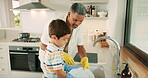 Teaching, dad or child washing dishes with support for housekeeping in a kitchen sink in family home. Teamwork, plates or boy learning, cleaning or helping his father for healthy hygiene together 