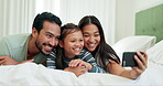 Family, father and child on a bed for a selfie at home for happiness, quality time and bonding. A man, woman and girl kid in a bedroom together for memory, reading and relax with love and care