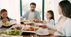 Kids, parents and grandparents at thanksgiving together as a family eating food for bonding in celebration. Love, lunch or brunch with children and relatives at the dining room table during a holiday